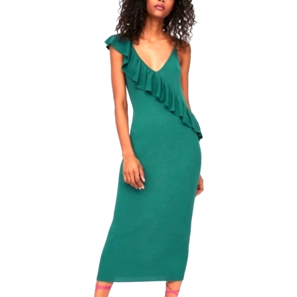 ZARA Ruffled One Shoulder Ribbed Teal Green MIDI Dress BodyCon Small